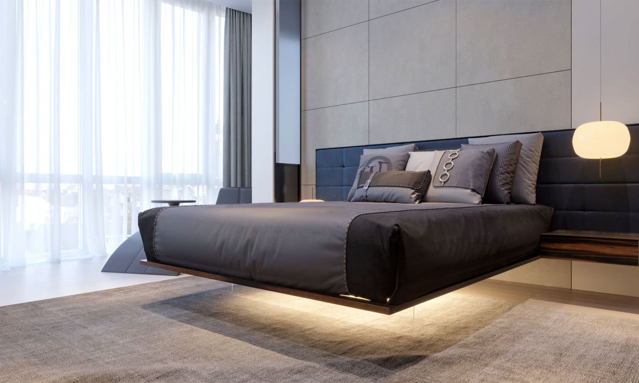 Кровать с подсветкой светодиодной лентой снизу и в изголовье фото