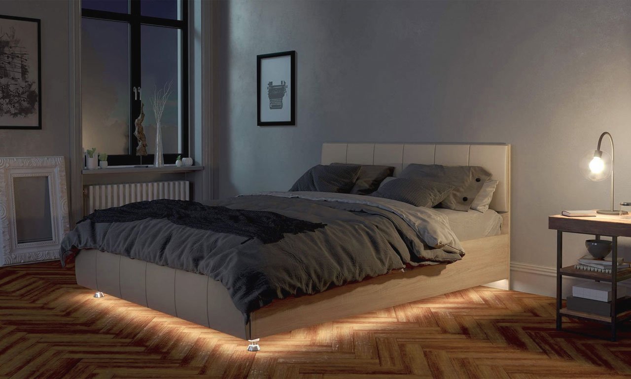 Кровать с подсветкой светодиодной лентой снизу и в изголовье фото