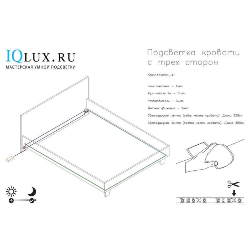 Подсветка для кровати с ИК датчиком движения (три стороны): лента Lux фото