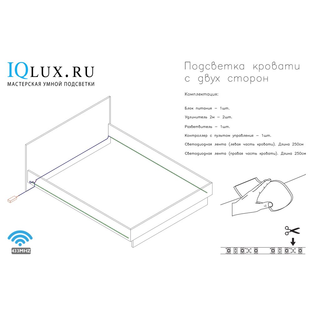 Подсветка для кровати с RF пультом управления (две стороны): лента Lux