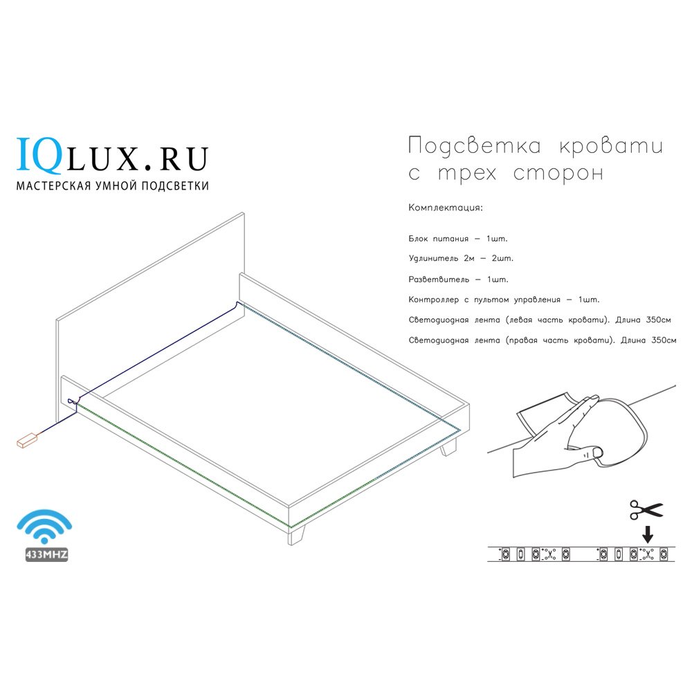 Подсветка для кровати с RF пультом управления (три стороны): лента Lux