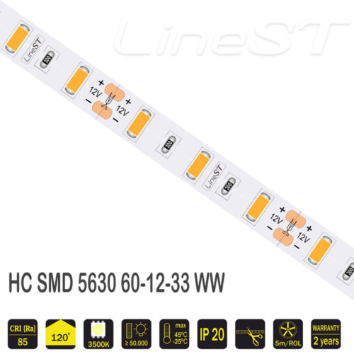 Светодиодная лента 12 V (вольт): Premium, теплый белый, SMD 5630, 5 метров, 15 W (вт), LED 60 шт/м, IP33 фото